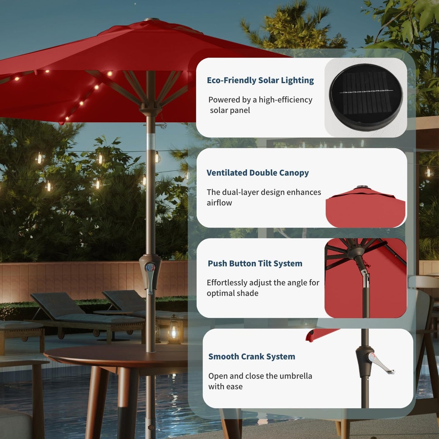10FT Solar Umbrella 32 LED Lighted Patio Umbrella Table Market Umbrella w/Tilt and Crank, UV-Resistant Outdoor Umbrella for Pool, Garden, Deck, Red