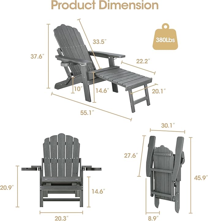 Adjustable Backrest Folding Adirondack Chair with Ottoman & 2 Cup Holders, HIPS Weather Resistant Adirondack Chair, Outdoor Fire Pit Chair for Beach, Pool, Deck, Porch, Yard, Lawn, Grey