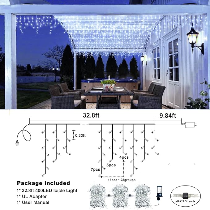 Icicle Lights for Outside, 33FT 400 LED Icicle Christmas Lights with 8 Modes 75 Drops, Waterproof Plug in Curtain String Lights for Outdoor Indoor House Yard Roof Wedding Decorations, White