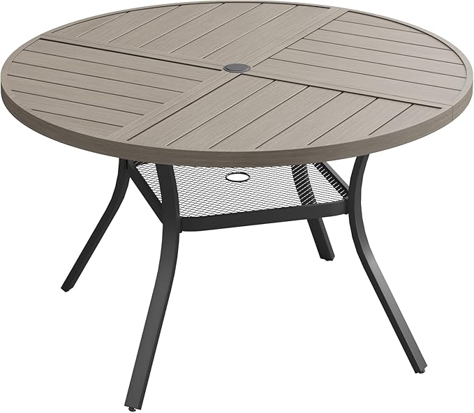 DIFY 40.6" Round Outdoor Patio Dining Table for 4, All-Weather Metal Steel Slatted Patio Table with 1.57" Adjustable Umbrella Hole, for Lawn Garden Porch Backyard, Grey Wood-Like
