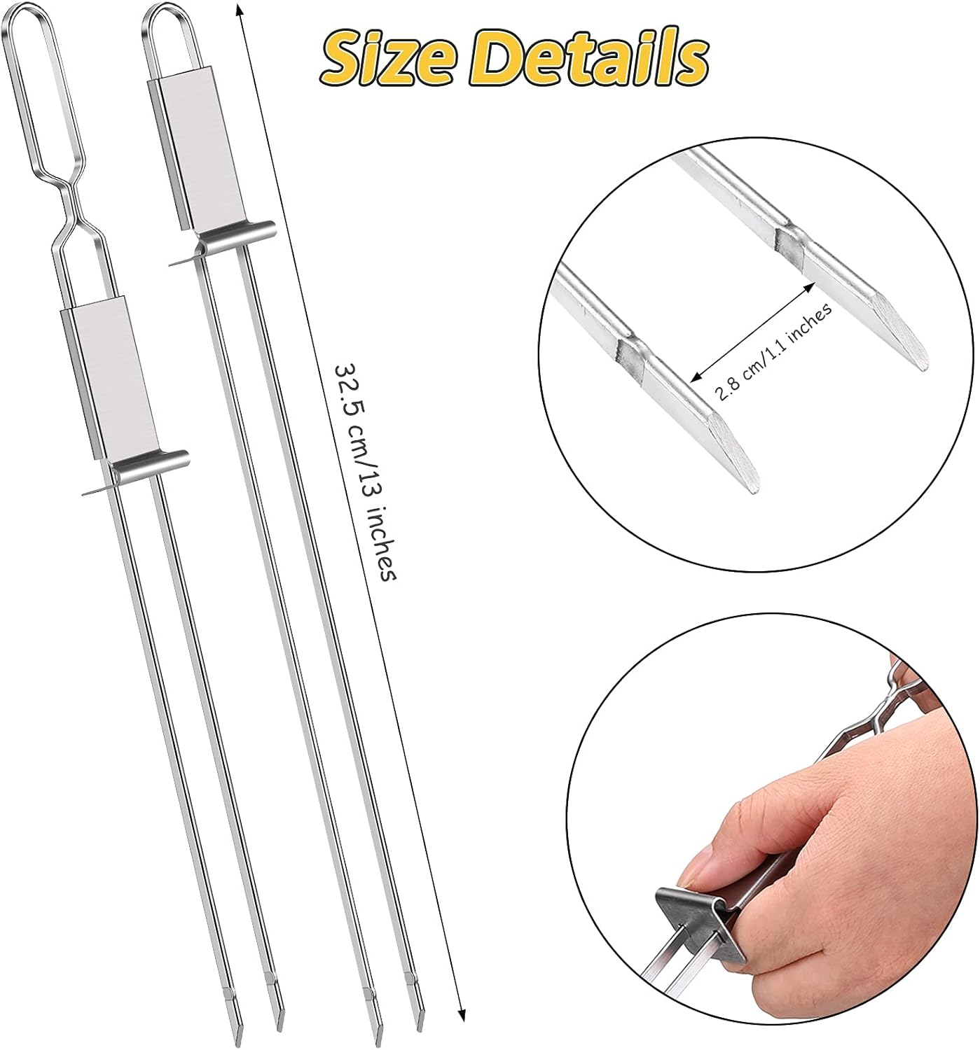 Lallisa Kabob Skewers - Metal BBQ Skewer Sticks with Push Bar for Meat, Chicken, Vegetable & Fruit (12 Pieces)