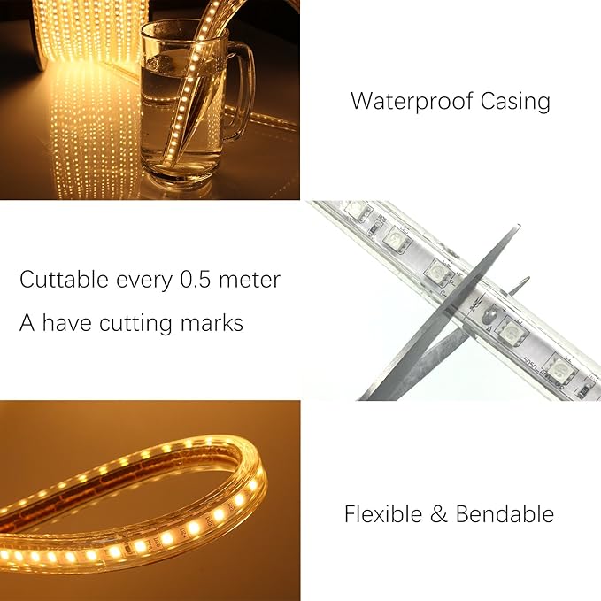 5050-60 Type AC 110-120V White LED Strip Lights, Flexible/Waterproof/Dimmable/Multi-Modes LED Rope Light + 23 Keys Remote for Home/Garden/Building Decoration (65.6ft/20m, White 6000K)