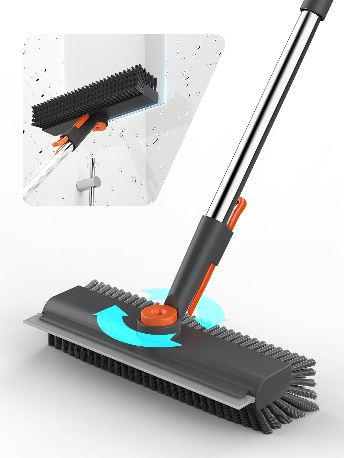 Floor Scrub Brush with Long Handle, 3 in 1 Multi-angle Swivel Right Angled Bristle Floor Scrubber Brush with Squeegee and Tweezer for Cleaning Tile Wall Deck Bathroom Patio Garage Kitchen (Grey)