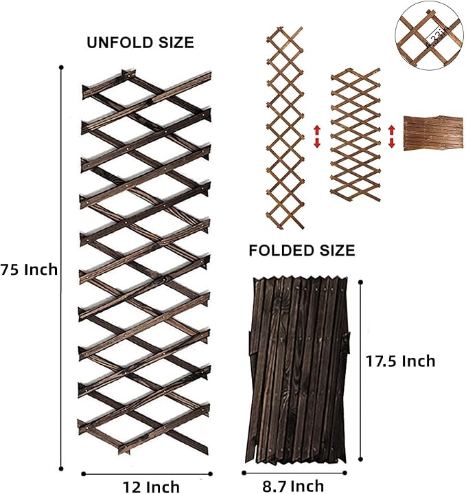 Expandable Garden Trellis, 12" x 75" Wooden Lattice Fence Wall Panel Stretchable Decorative Fences Lattice Trellis for Climbing Plants Outdoor Ivy Vine Rose Clematis Garden Patio Room Decor (1)