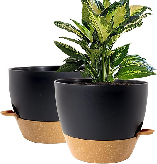 WOUSIWER 10 inch Self Watering Planters, 2 Pack Large Plastic Plant Pots with Deep Reservior and High Drainage Holes for Indoor Outdoor Plants and Flowers, Black with Terracotta