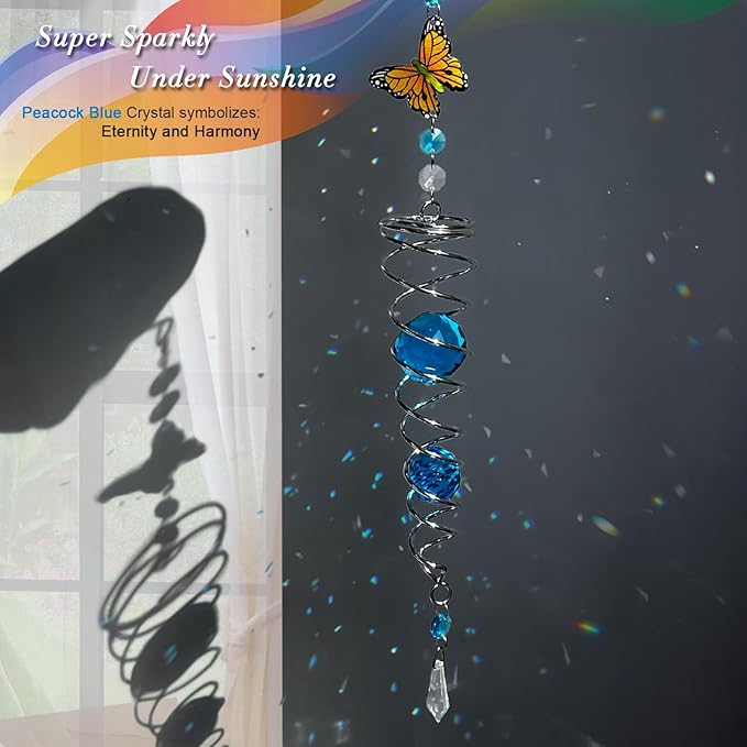 FONMY Butterfly Sun Catcher Gazing Ball Wind Spinner Rainbow Maker Silver Spiral W/ K9 Blue Crystal Ball Christmas Gfit Tree Hanging Ornament Indoor Outdoor Garden Decor. 19.5inch H