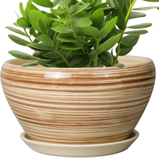 Ceramic Pot for Plants 11 Inch - Planter for Outdoor Plants Indoor Plant Pot with Drainage Hole and Saucer Large Planter Round Flower Pot for House Patio Garden Yellow