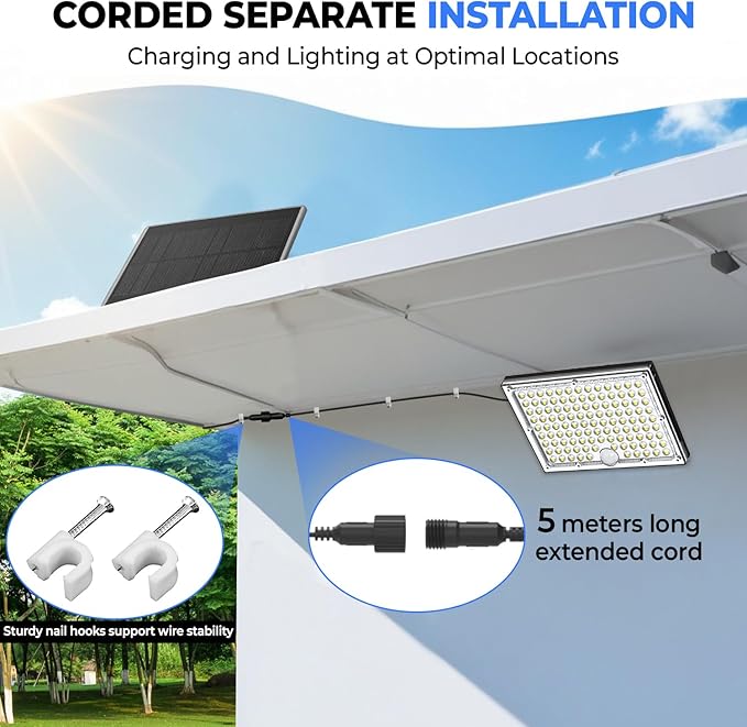 113 LED Motion Senser Outdoor Lights with 9000k Cool White Light, IP65 Waterproof, 5M Wire- Outdoor Solar Lights for Yard, Patio, Porch, Wall, and Garden, Comes with 2 Year Warranty.