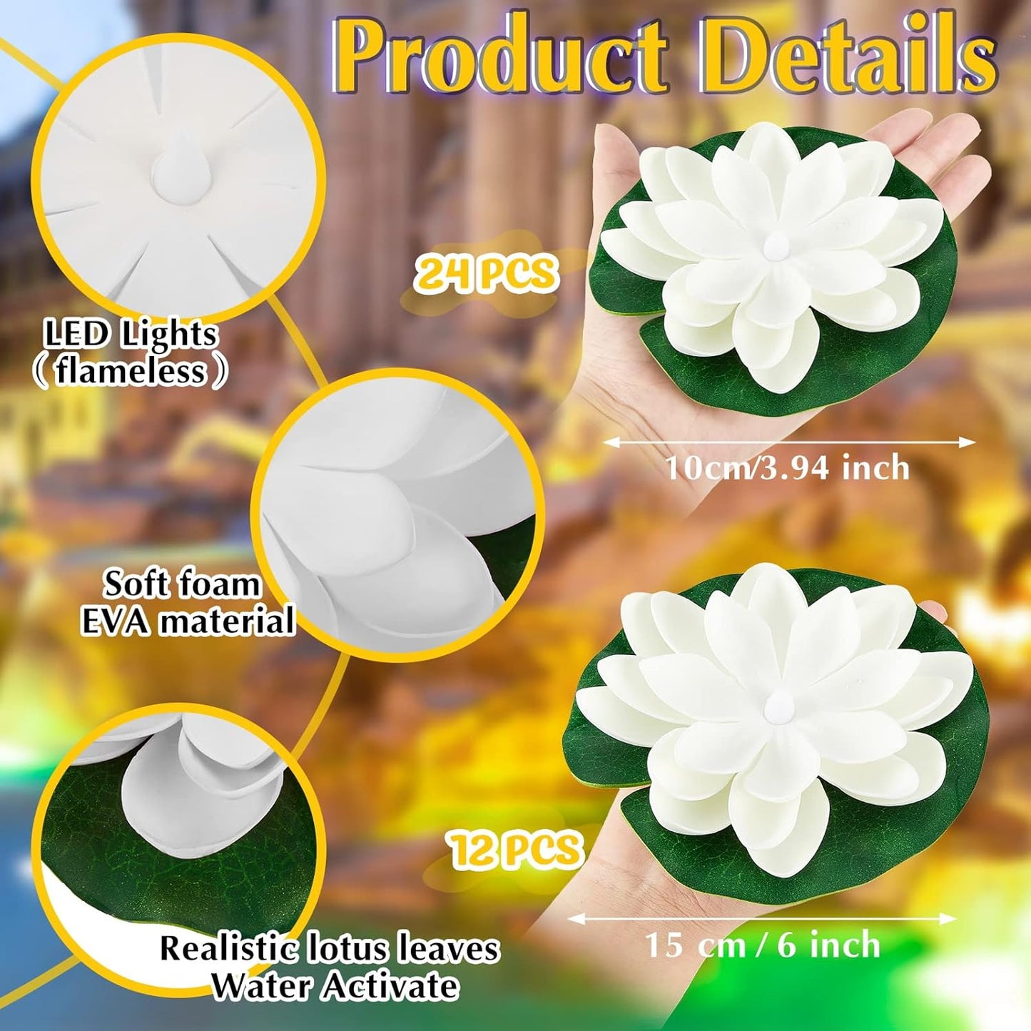 Liliful 36 Pcs Diwali Lotus Decoration Floating Lights Lotus Artificial Floating Flowers for Pool with LED Lights Battery Operated for Indian Puja Ganesh chaturthi Diwali(3.94, 5.91 Inch,White)
