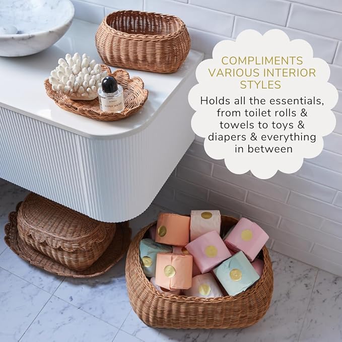 BEBE BASK Large Scalloped Basket Set Of 3 - Hand-Woven & Award-Winning Scallop Basket - XL - Extra Large for Blankets 22 x 16 x 10 In - Elegant Wicker With Scalloped Edge Lid (Mocca)