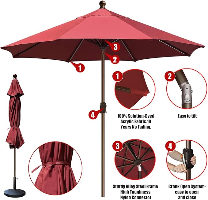 EliteShade USA 10-Year-Non-Fading 10Ft Market Umbrella Patio Umbrella Outdoor Table Umbrella with Ventilation, Burgundy