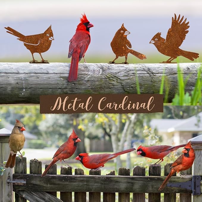 5PCS Rusty Birds Decoration, Fence Decorations Outdoor, Metal Birds Yard Decor Perfect Yard Art and Large Outdoor Ornaments, Cardinal Gifts