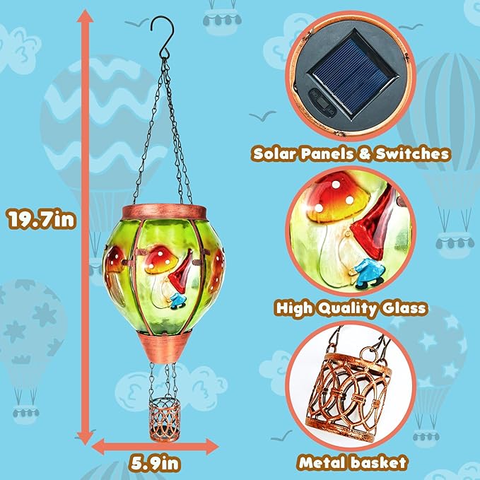 4 Pack Solar Hot Air Balloon Lantern with Flame， Mushroom Gnome Glass Solar Hanging Lanterns Outdoor for Outside Garden Patio Tree Porch Yard, Mushroom Gifts for Women Grandma Mom - Mushroom