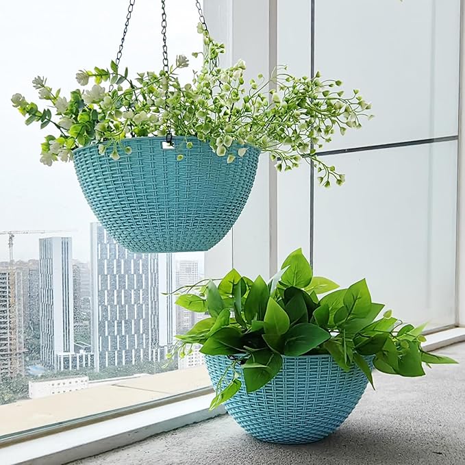 Hanging Planters for Indoor Plants 8/10 Inch, 4 Packs Plant Hanger Outdoor with Drainage Holes, Hanging Basket Flower Pot Perfect for Home, Office and Garden (Sky Blue)