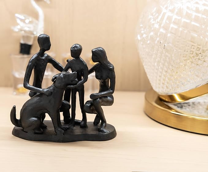Family and Dog Statues, Cast Iron Family of 3 Figurine, Gift for Dog Lovers,Dog Memorial Gift, Black