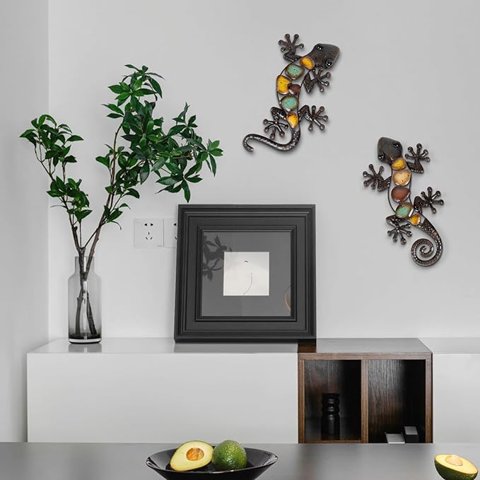 LIFFY Metal Gecko Wall Decor Large 2 Pack, Outdoor Lizard Wall Art, Metal Lizards Wall Decor, Gecko Metal Wall Art for Home Garden Yard Fence(15inch)