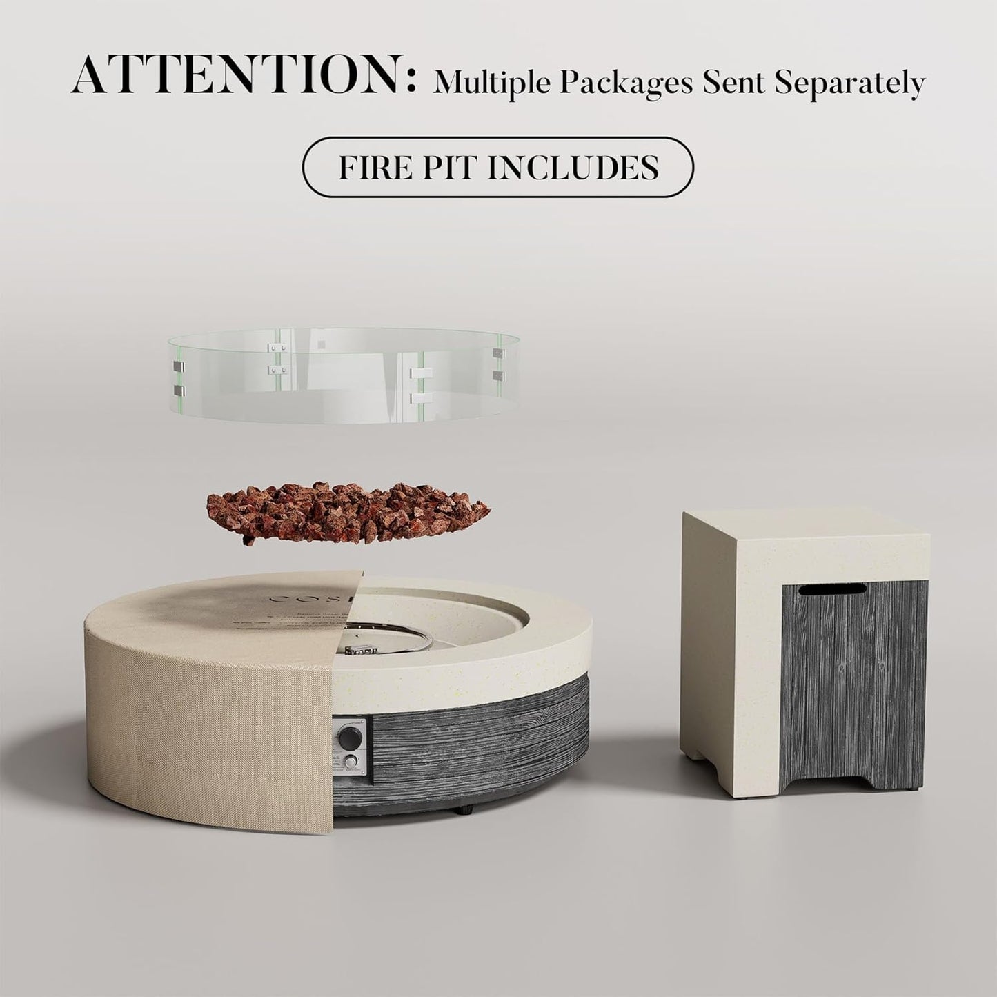 COSIEST 42" Outdoor Propane Fire Pit Table w Tank Cover & Wind Guard, Round Gas Fire Pit Table with Concrete & Wood Grain Design, 50000BTU CSA Certified Fire Tables for Patio, Backyard, Garden