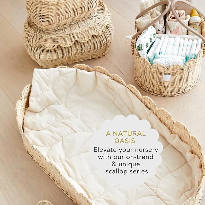 Bebe Bask Premium Baby Changing Basket - Artisan-Crafted Scalloped Rattan - Changing Basket for Baby Dresser - All Accessories Included - Complete Set for Nursery (Natural)