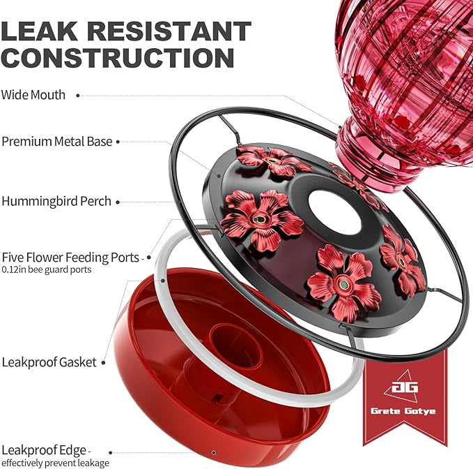 Glass Hummingbird Feeder for Outdoors Hanging, 26Oz Bird Nectar Feeder with Perch & 5 Flower Feeding Ports, Leak Proof for Outside Garden Decor Backyard, Gifts for Women Mom, Red