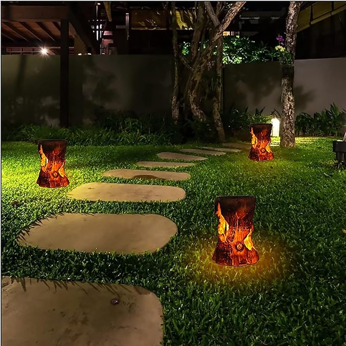 pearlstar Solar Lanterns Outdoor Tree Stump Fire Flame Light Halloween Decorative Solar Powered Lantern Waterproof Decor for Patio Garden Yard Pathway Lawn Deck,2PACK