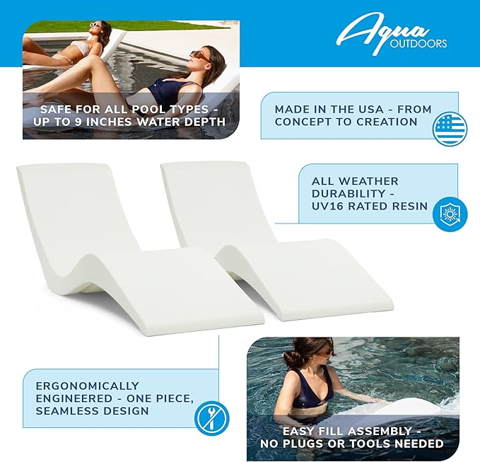 Aqua Outdoors Pool Chaise Lounge Chairs for Ledge & Shelf, Water-Weighted Pool Lounger for Depths Up to 9”, No Screw Plugs & Tools Needed, White Granite Ledge Lounger, Set of 2