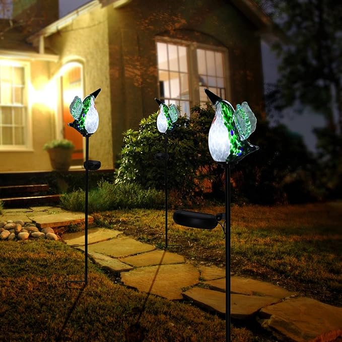 Afirst Decorative Solar Lights Outdoor Solar Hummingbird Stake Lights Hand Blown Glass Decorative Garden Pathway Light Outdoor Waterproof Glass Stakes Green