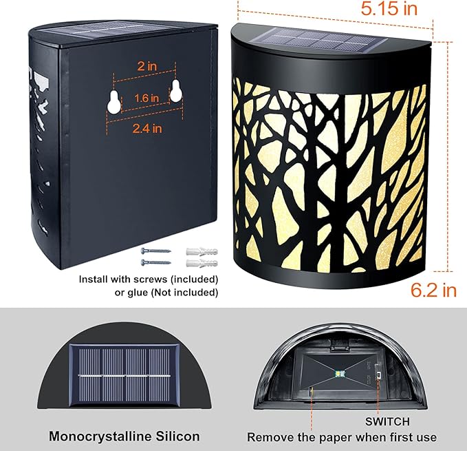 DenicMic Solar Wall Lights Outdoor Wall Sconce Fence Lighting for Patio Front Door Yard Deck Stair Led Forest Decorative Lamps, Waterproof, Warm White/Color Changing (4 Pack)