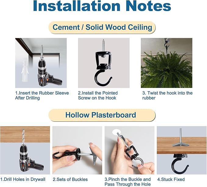 Ceiling Hooks for Hanging Plants (6 PCS Black),Heavy Duty Metal Plant Hooks, Screw in Hooks for Hanging Birdfeeders, Lamps, Planters, Outdoor Decorative Hooks up to 33 lbs