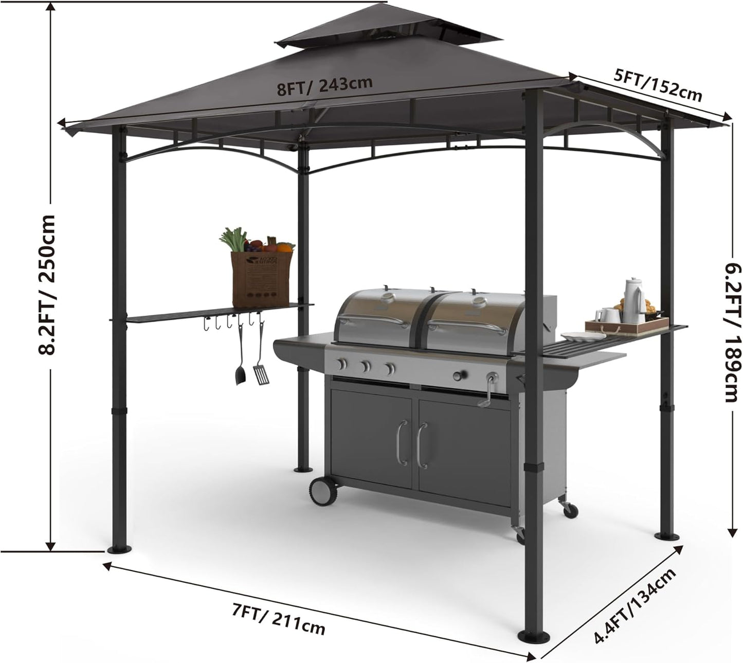 COOSHADE 8'x 5' Grill Gazebo Double Tiered Outdoor BBQ Gazebo Canopy with LED Light (Gray)