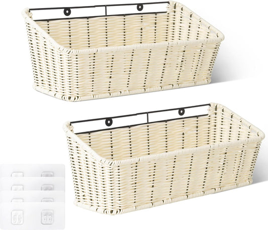 GRANNY SAYS Wicker Hanging Basket, 2 Pack Storage Baskets for Organizing, Adhesive Wall Mount Fruit Basket, Kitchen Organization Hanging Shelves, Storage Cabinet Door Organizer, Off White