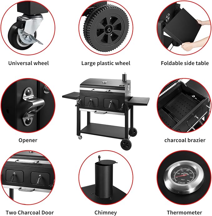 Charcoal Grill Outdoor BBQ Grill, Extra Large Cooking Area 794 Square Inches with Two Individual & Adjustable Charcoal Tray, Foldable Side Tables for Outdoor Cooking Backyard Camping Picnics By DNKMOR
