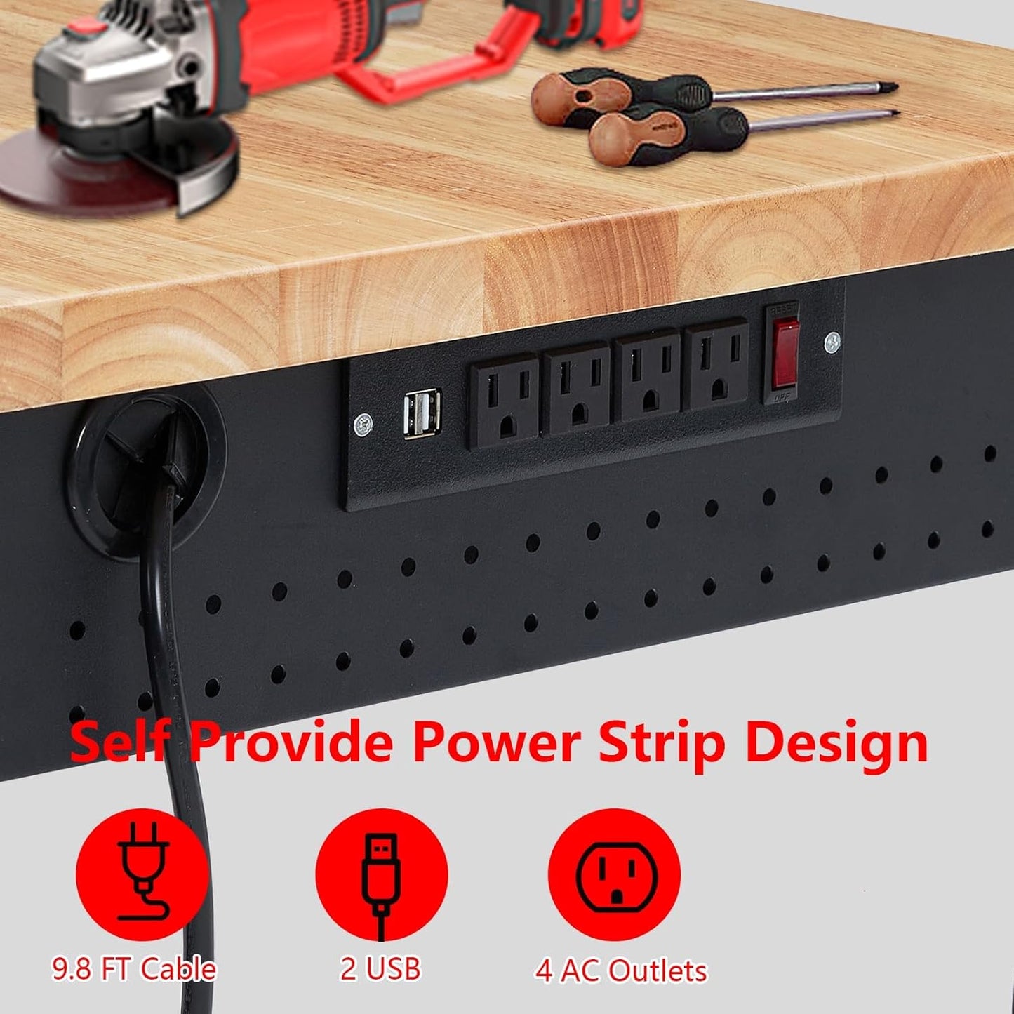 60'' Adjustable Workbench, Heavy Duty Workbench with Power Outlet and Lockable Wheels, 2000 LBS Capacity, Work Table Suitable for Office, Garage, Workshop