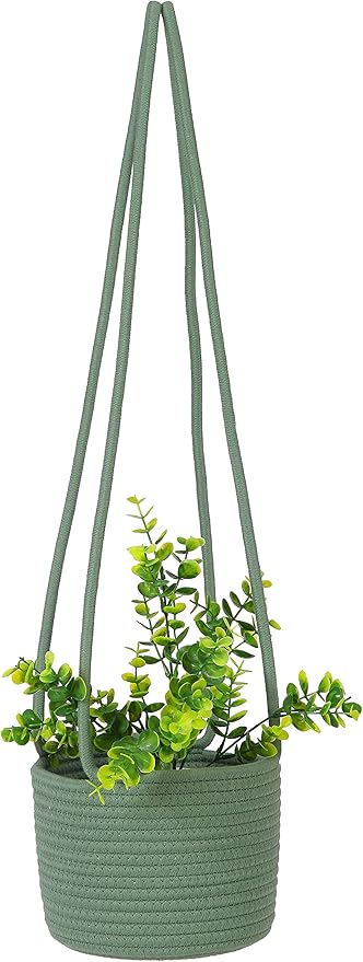 Hanging Planter Basket Jute Rope Woven Plant Hangers Indoor Hanging Plant Holder Up to 7" Pot Macrame Modern Storage Organizer Home Decor (Green)