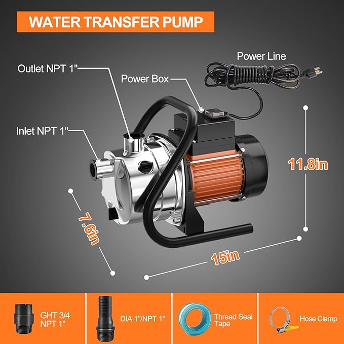 1.5 HP Portable Water Transfer Pump 1500 GPH Shallow Well Pump Garden Booster Sprinkler Pumps for Irrigation Lawn Farm Water Removal with Adapters, Orange