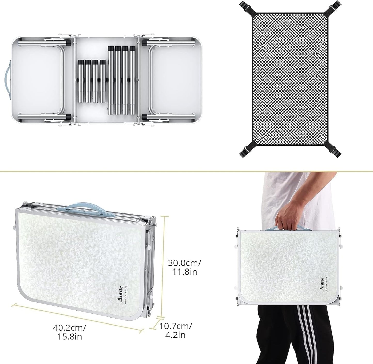 Folding Camping Table with Storage Net, 3ft Camping Table Aluminum Folding Table with 3 Adjustable Height Max 27.1 Inch, Portable, for Outdoor Backyard BBQ, Silver