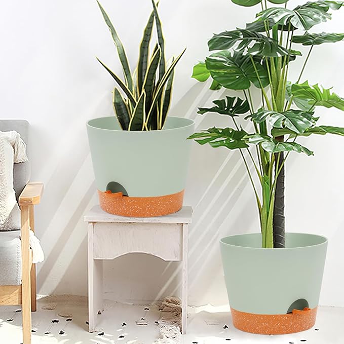 GARDIFE 12 inch Plant Pots, planters, Self Watering Pots, 2 Pack Large Plastic Flower pots with Deep Reservior and High Drainage Holes for Indoor Outdoor Plants and Flowers, Green