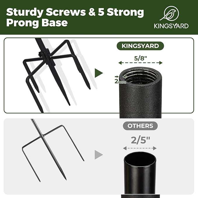 Kingsyard 2 Pack Adjustable Shepherd Hooks for Outdoor - 60 INCH Heavy Duty Bird Feeder Pole with 5 Prong Base, Hummingbird Feeder Stand, Garden Plant Baskets, Weddings Decor, Solar Light Lanterns