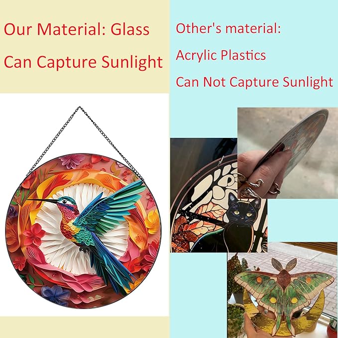 Colored Hummingbirds Pattern Suncatcher Stained Glass,Hanging Stained Glass for Windows,20cm/7.87inch Suncatcher Garden Hangings Painted Glass Panel Decor Halloween Christmas Themed Gift