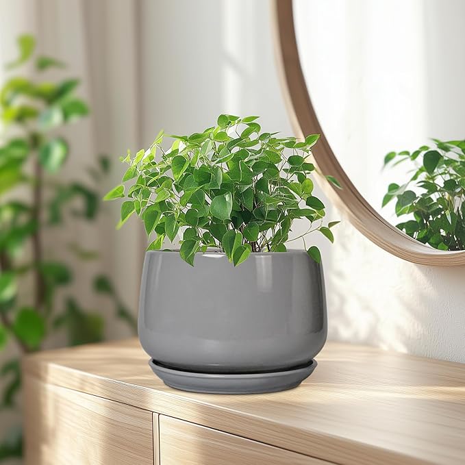 G EPGardening Modern Ceramic Planter - 7 Inch Round Modern Plant Pot Indoor with Drainage and Ceramic Tray Indoor Outdoor for Flower, Vanity Decor, Birthday Gifts, Grey