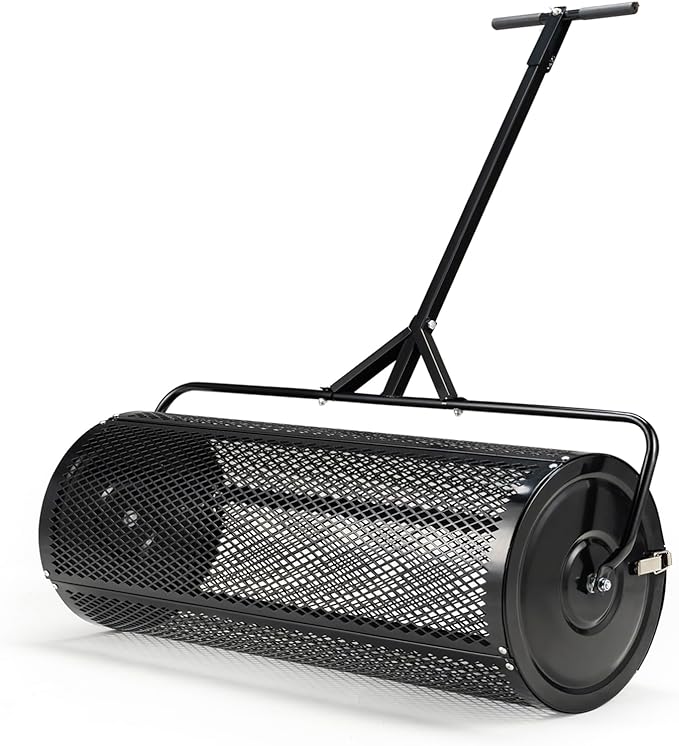 Compost and Peat Moss Spreader with Updated 2 in 1 ATV & T Shaped Handle, 16”WX48”L, Lawn and Garden Peat Moss Roller w/Laser Cutting Wire Mesh Baskets for Spreading Manure, Topsoil