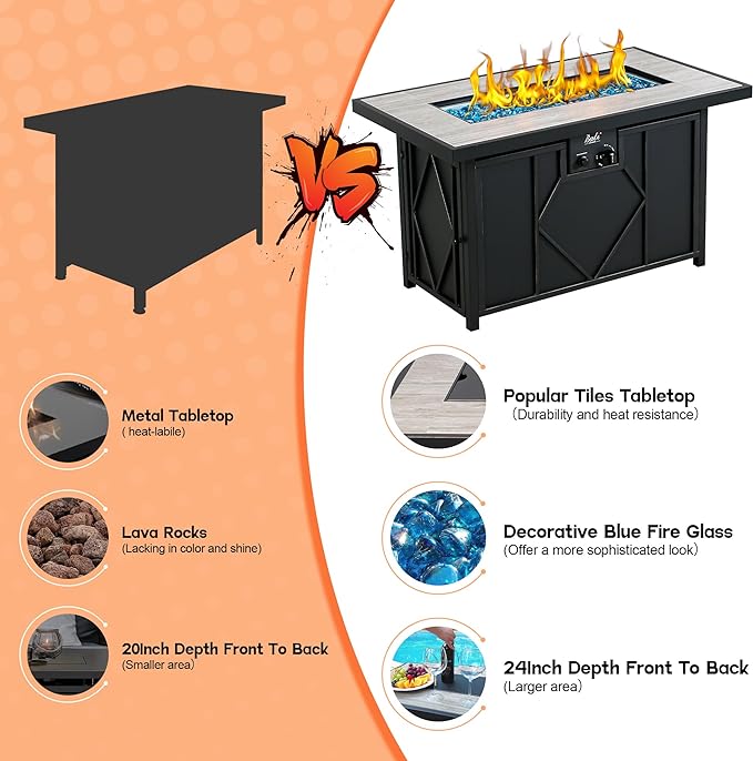 BALI OUTDOORS Fire Pit Table Propane Gas Firepit Rectangular Fire Table 42In 60,000 BTU for Outside Patio Backyard Deck Balcony