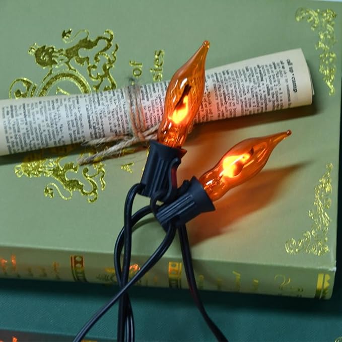 Halloween Lights Flickering Flame String Lights with 12 Pack C7 Orange Flame Light Bulbs (2 Spare), 12.8Ft Orange Flame String Lights for Indoor Outdoor Home Party Yard Halloween Decorations