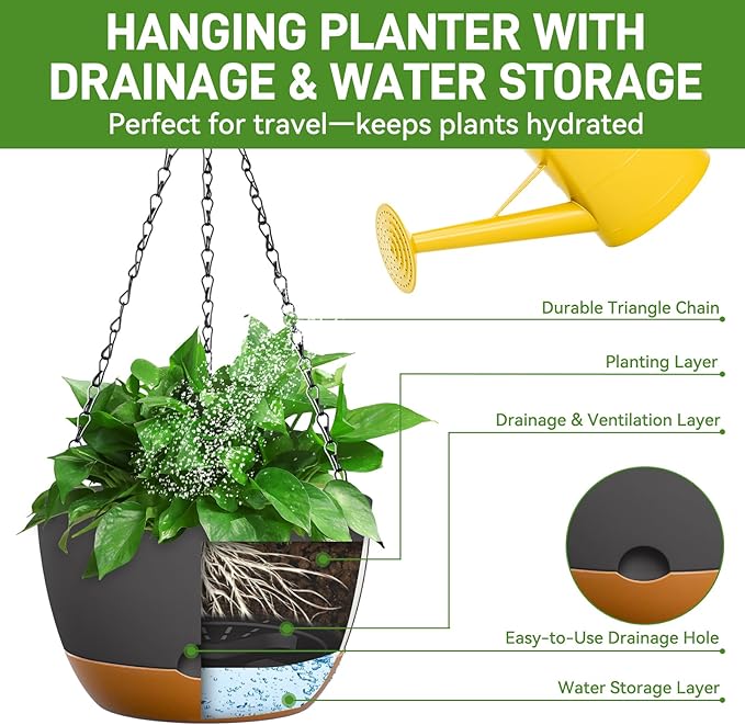 10 Inch Hanging Planters for Indoor & Outdoor Plants (2 Pack) - Self-Watering & Drainage Flower Pots with 2 Kinds of Plant Hangers for Home Decor & Garden (Deep Gray, 10 in)