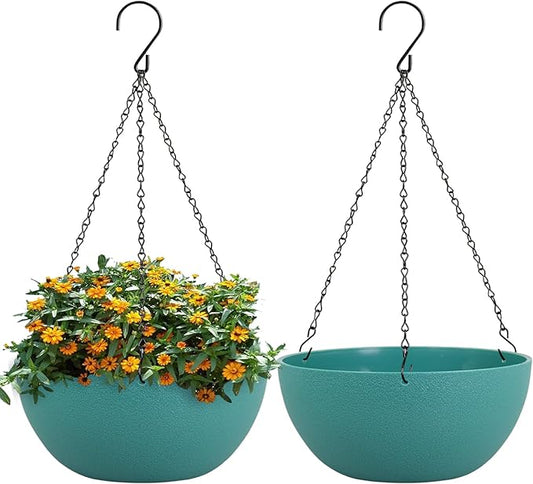 10 inch Hanging Planters for Outdoor Indoor Plants with Drainage Holes and Chain, 2 Pack Round Hanging Flower Pots for Garden Home Porch Decor, Blue Green