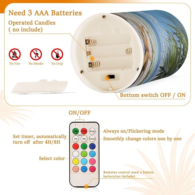 Flickering Flameless Candles, Starfish Seashell Beach Palm LED Candles with Remote Timer, Set of 2 Battery Operated Candle for Valentine Wedding Birthday