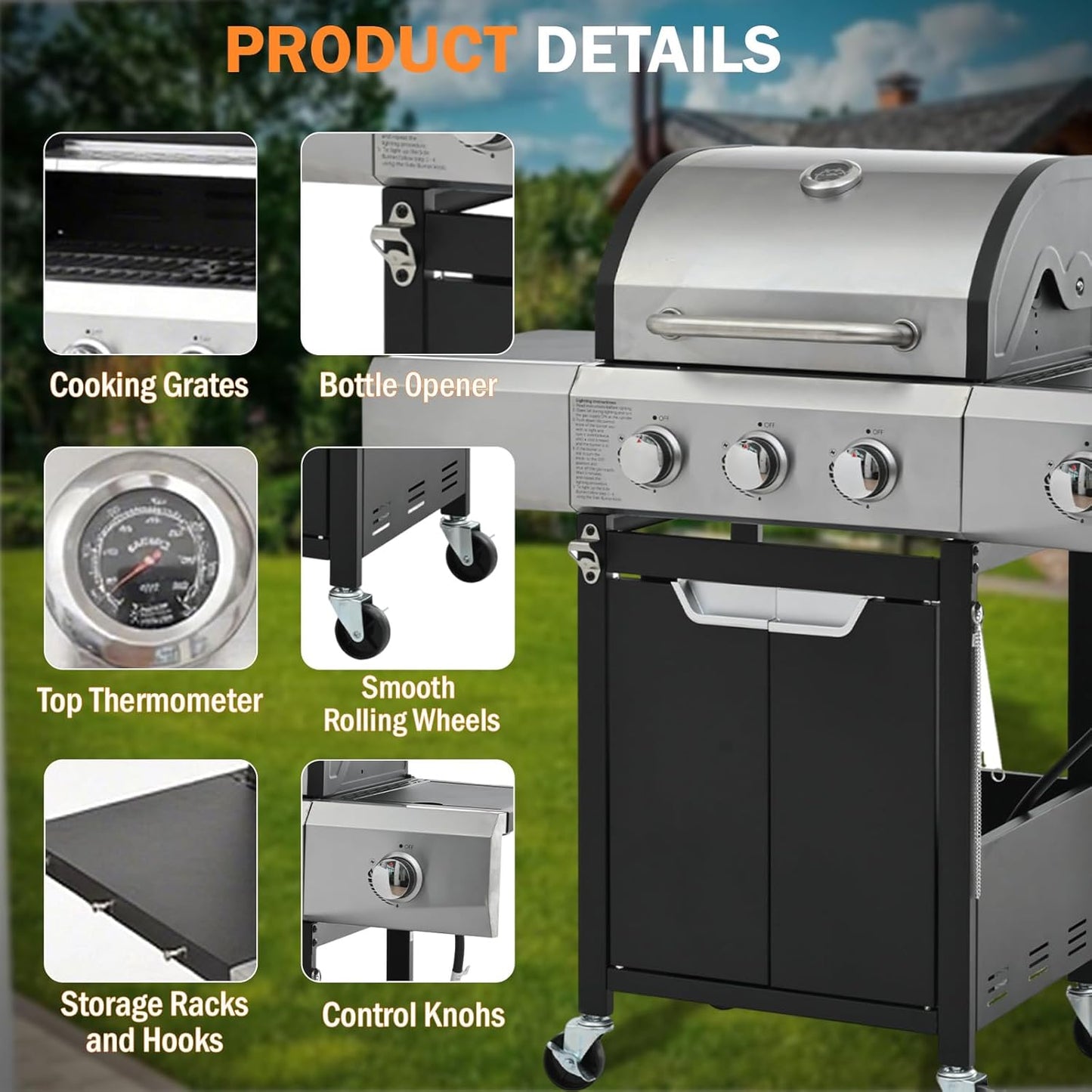 3-Burner Propane Gas Grill with Side Burner, 40,500 BTU Stainless Steel BBQ - Easy Assembly & Grease Management for Patio, Backyard, Camping (3+1Burner)