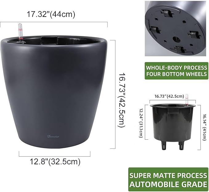 Dexceder 18x17 Self Watering Planter with Wheels Indoor Outdoor, Inner Pot Design, Thickened Large Floor Standing Flower Plant Pot with Water Level Indicator (Slate Gray Matte)