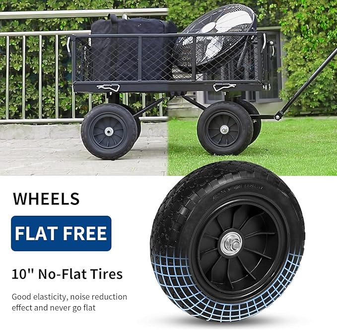 BILT HARD 10" Flat Free Tires Heavy Duty Garden Cart with 180° Rotating Handle and Removable Sides, 4 Cu.Ft 400 lbs Capacity Utility Steel Wagons for Outdoor