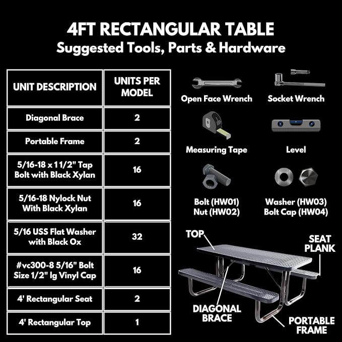 Coated Outdoor Furniture Heavy-Duty Portable Outdoor Kids Table, Punched Steel Kids Picnic Table, Commercial-Grade Picnic Table, Made in America (4ft Rectangular, Childrens, Textured Black)