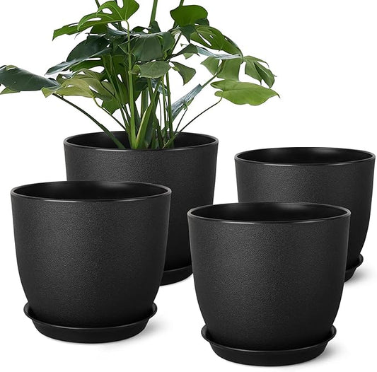 Plant Pots 8 Inch Set of 4, Flower Pots with Multi Mesh Drainage Holes, Planters for Indoor Outdoor Garden Plants and Flowers (Black)